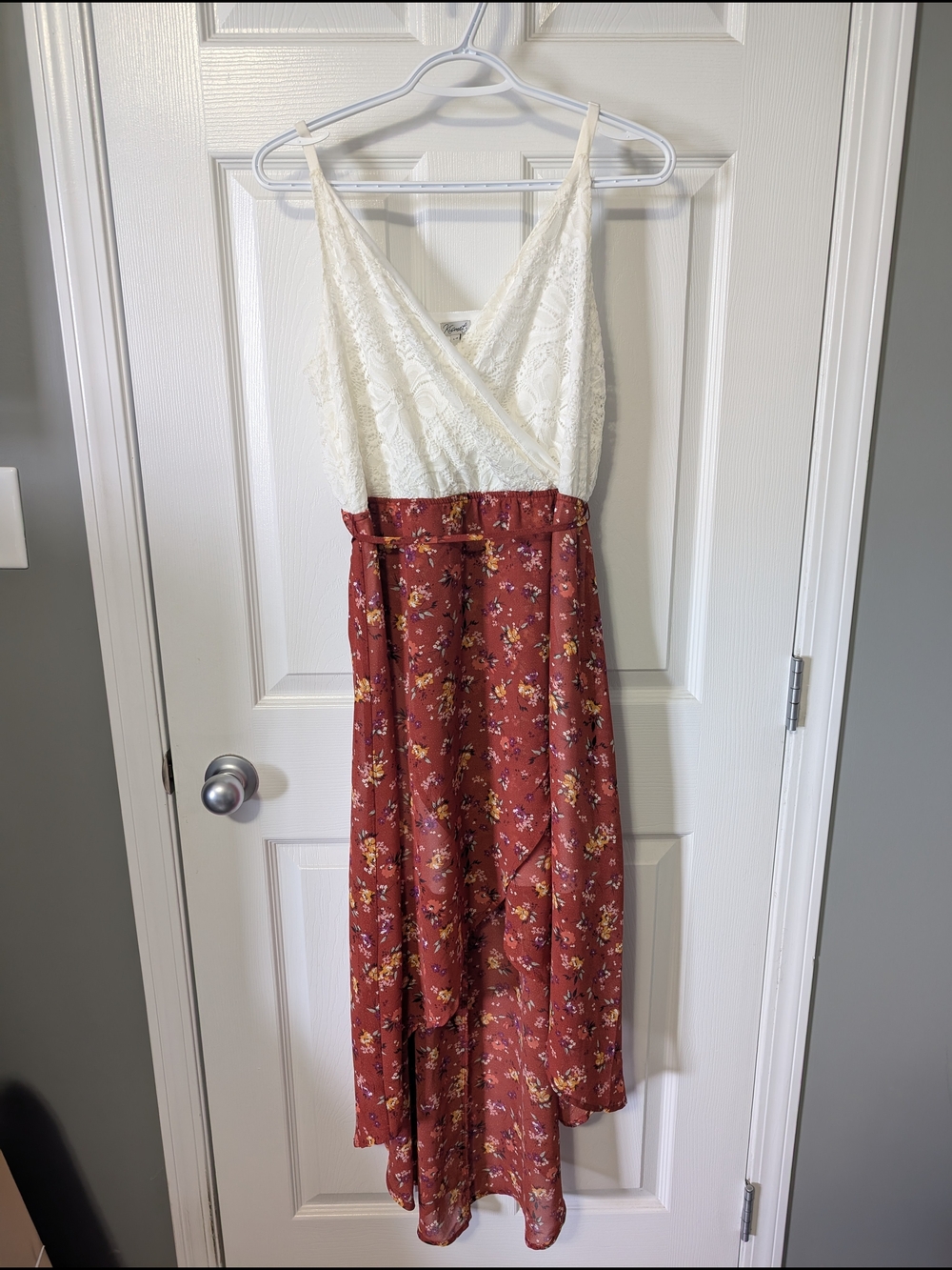 Kismet Ivory Lace Bodice with Rust Floral High-Low Skirt